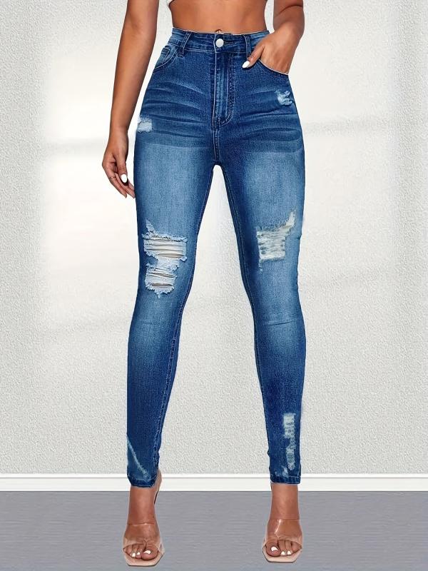 Ripped Holes Skinny Jeans Slim Fit Distressed Mid Stretch Denim Pants