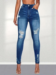 Ripped Holes Skinny Jeans Slim Fit Distressed Mid Stretch Denim Pants