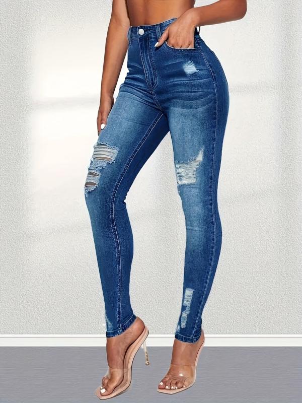 Ripped Holes Skinny Jeans Slim Fit Distressed Mid Stretch Denim Pants