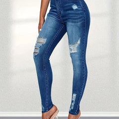 Ripped Holes Skinny Jeans Slim Fit Distressed Mid Stretch Denim Pants