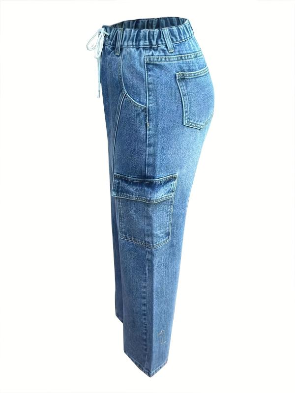 Cargo Pants Loose Fit Drawstring Elastic Waist Casual Straight Jeans