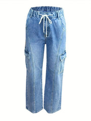 Cargo Pants Loose Fit Drawstring Elastic Waist Casual Straight Jeans