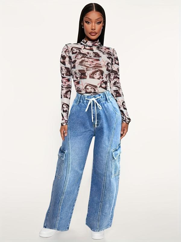 Cargo Pants Loose Fit Drawstring Elastic Waist Casual Straight Jeans