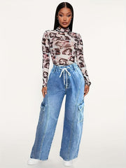 Cargo Pants Loose Fit Drawstring Elastic Waist Casual Straight Jeans