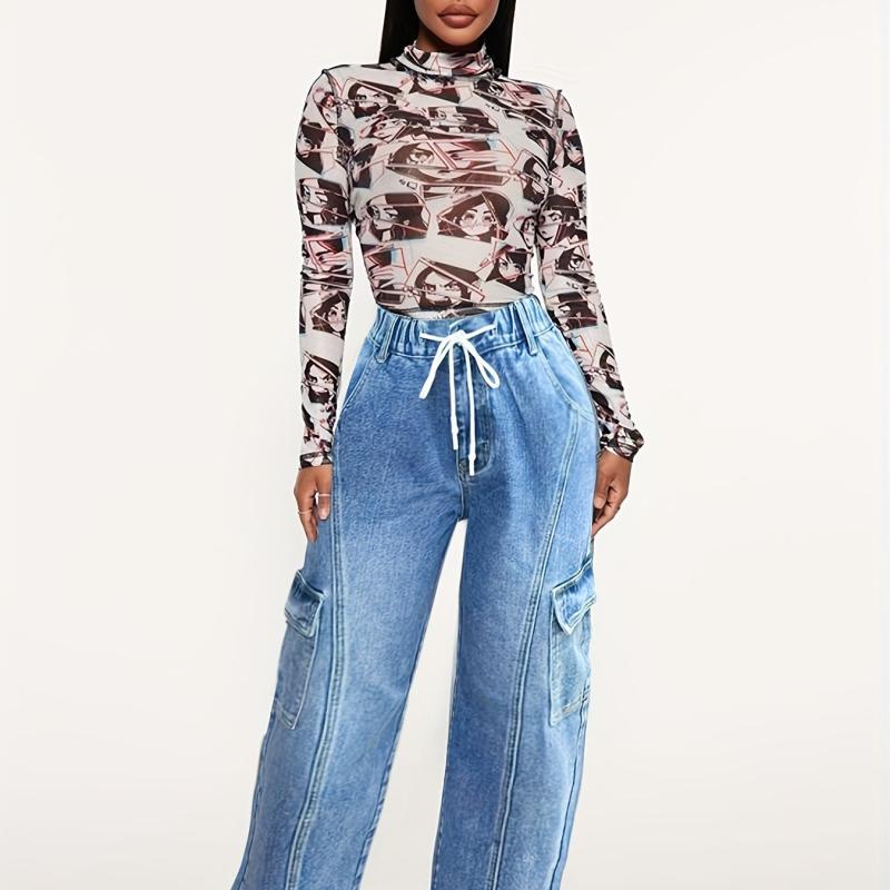 Cargo Pants Loose Fit Drawstring Elastic Waist Casual Straight Jeans
