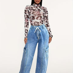 Cargo Pants Loose Fit Drawstring Elastic Waist Casual Straight Jeans