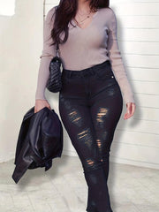 Ripped Holes Skinny Jeans Mid Stretch Slim Fit Street Style Denim Pants
