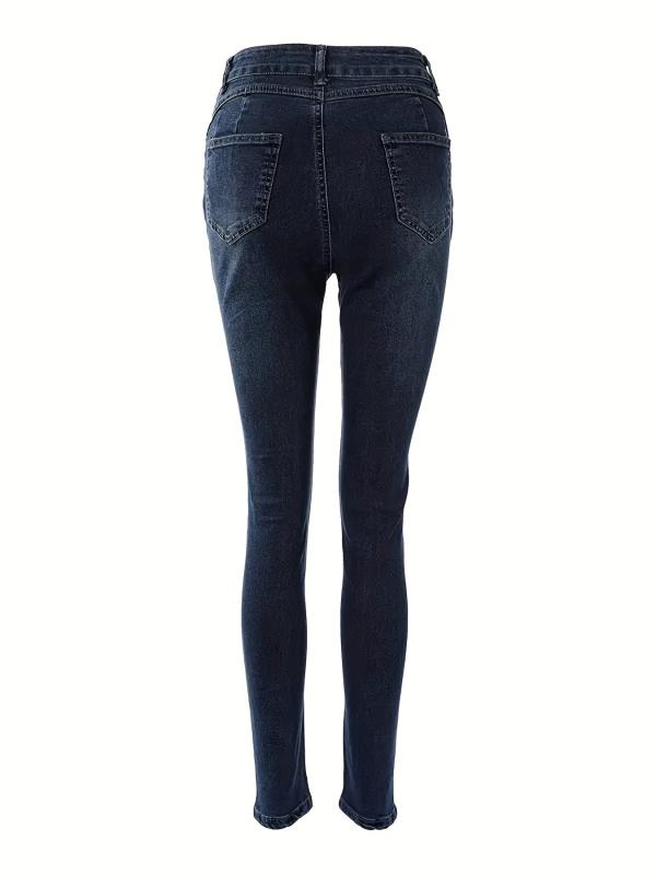Ripped Holes Skinny Jeans Slim Fit Zip Detail Single Breasted Button Pintuck