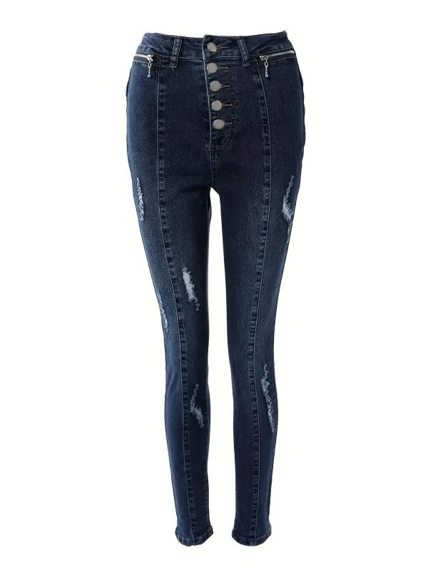 Ripped Holes Skinny Jeans Slim Fit Zip Detail Single Breasted Button Pintuck
