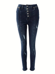 Ripped Holes Skinny Jeans Slim Fit Zip Detail Single Breasted Button Pintuck