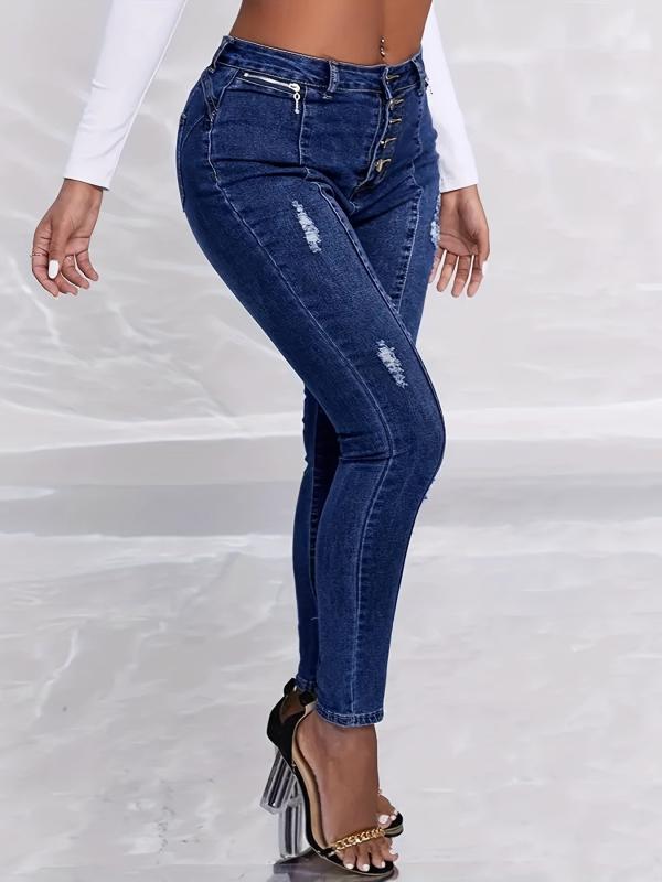 Ripped Holes Skinny Jeans Slim Fit Zip Detail Single Breasted Button Pintuck