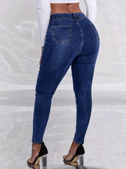 Ripped Holes Skinny Jeans Slim Fit Zip Detail Single Breasted Button Pintuck