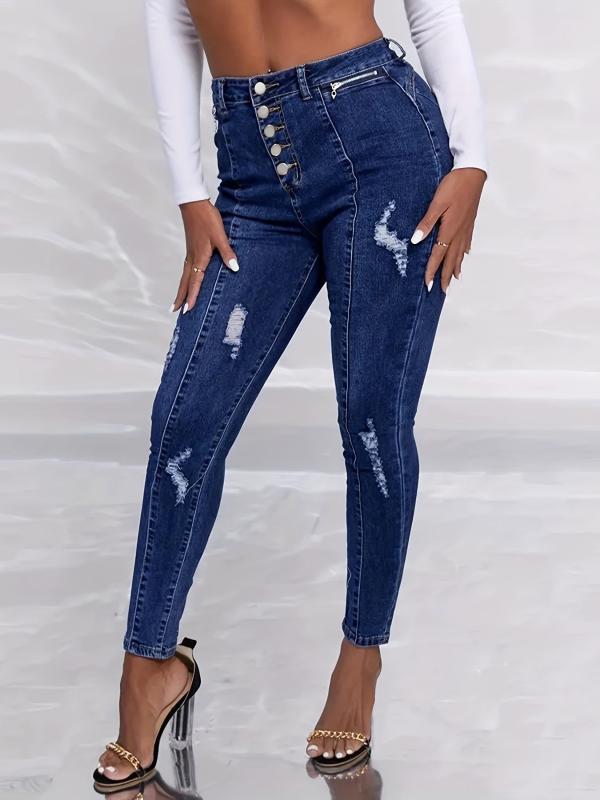 Ripped Holes Skinny Jeans Slim Fit Zip Detail Single Breasted Button Pintuck