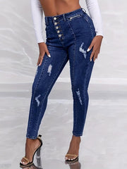 Ripped Holes Skinny Jeans Slim Fit Zip Detail Single Breasted Button Pintuck