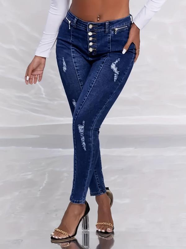 Ripped Holes Skinny Jeans Slim Fit Zip Detail Single Breasted Button Pintuck