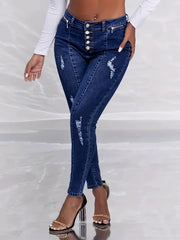 Ripped Holes Skinny Jeans Slim Fit Zip Detail Single Breasted Button Pintuck