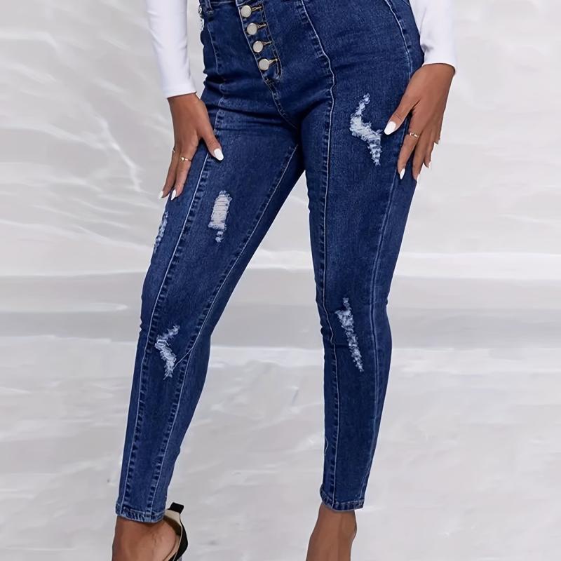 Ripped Holes Skinny Jeans Slim Fit Zip Detail Single Breasted Button Pintuck