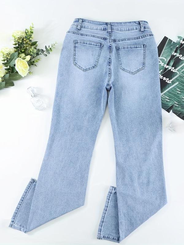 Casual Flare Jeans Knee Cut Distressed Bell Bottom Denim Pants Women's Jeans
