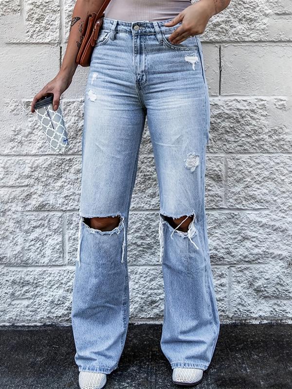 Casual Flare Jeans Knee Cut Distressed Bell Bottom Denim Pants Women's Jeans