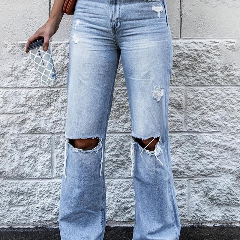 Casual Flare Jeans Knee Cut Distressed Bell Bottom Denim Pants Women's Jeans
