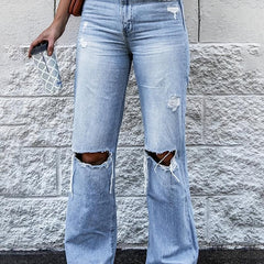 Casual Flare Jeans Knee Cut Distressed Bell Bottom Denim Pants Women's Jeans