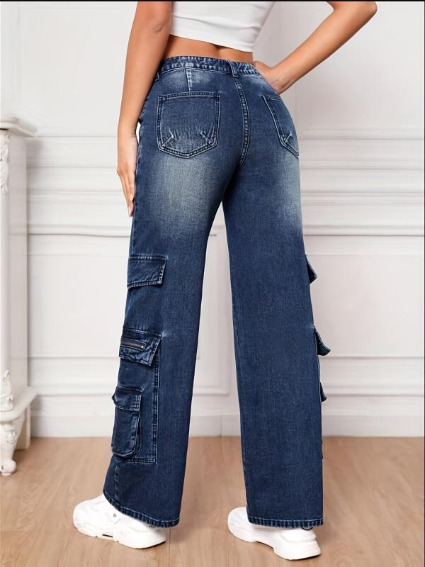 Dark High Waist Cargo Pants Loose Fit Wide Legs Jeans Y2K Women's Denim