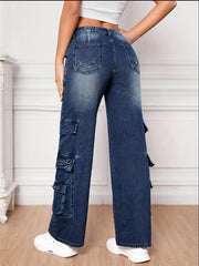 Dark High Waist Cargo Pants Loose Fit Wide Legs Jeans Y2K Women's Denim