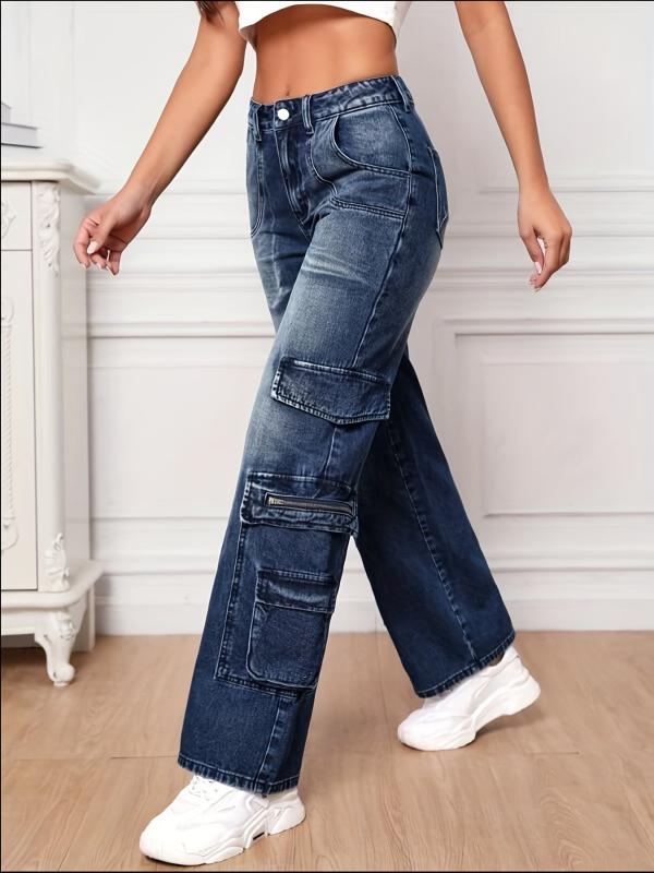 Dark High Waist Cargo Pants Loose Fit Wide Legs Jeans Y2K Women's Denim