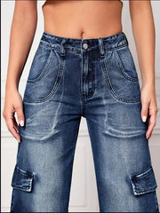 Dark High Waist Cargo Pants Loose Fit Wide Legs Jeans Y2K Women's Denim