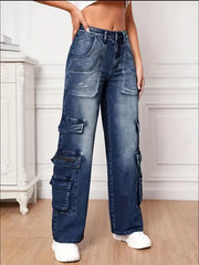 Dark High Waist Cargo Pants Loose Fit Wide Legs Jeans Y2K Women's Denim