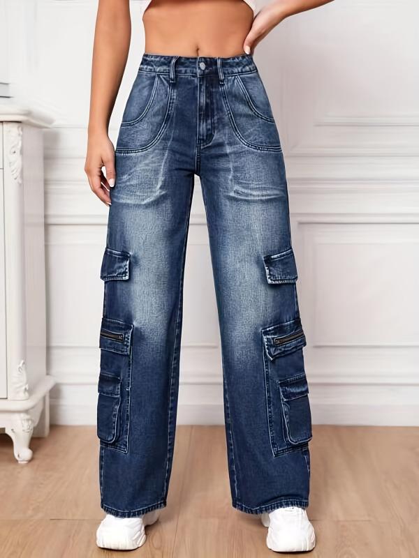 Dark High Waist Cargo Pants Loose Fit Wide Legs Jeans Y2K Women's Denim
