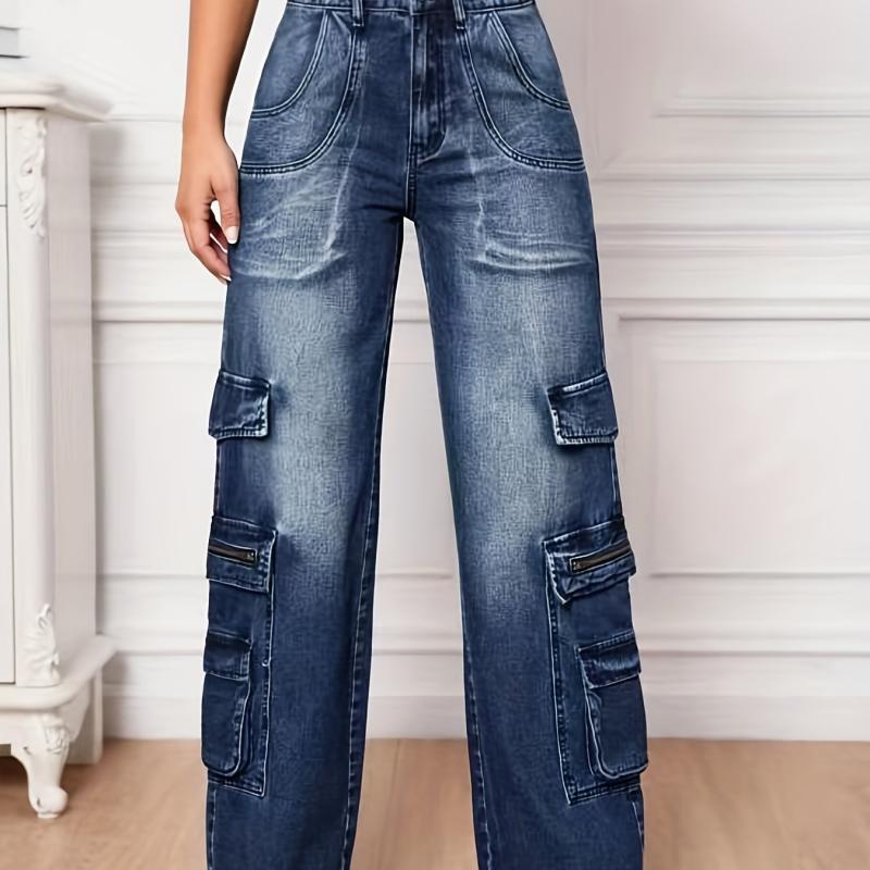 Dark High Waist Cargo Pants Loose Fit Wide Legs Jeans Y2K Women's Denim