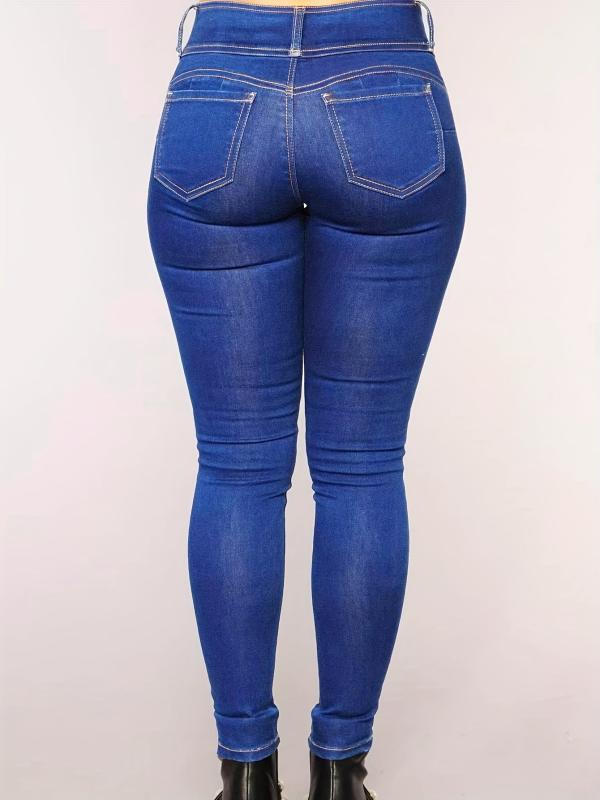 Slim Fit Skinny Jeans Mid Stretch Single Breasted Button Casual Denim Trousers
