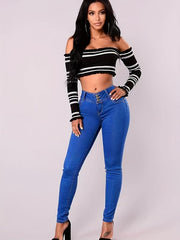 Slim Fit Skinny Jeans Mid Stretch Single Breasted Button Casual Denim Trousers
