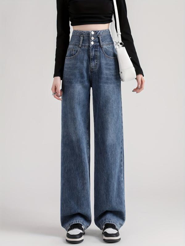 High Waist Straight Jeans Loose Fit Single Breasted Button Wide Legs Jeans