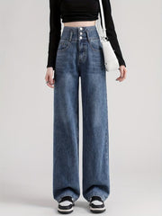 High Waist Straight Jeans Loose Fit Single Breasted Button Wide Legs Jeans