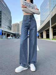 High Waist Straight Jeans Loose Fit Single Breasted Button Wide Legs Jeans
