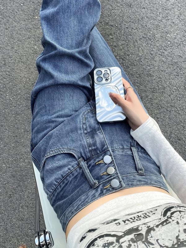 High Waist Straight Jeans Loose Fit Single Breasted Button Wide Legs Jeans