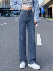 High Waist Straight Jeans Loose Fit Single Breasted Button Wide Legs Jeans