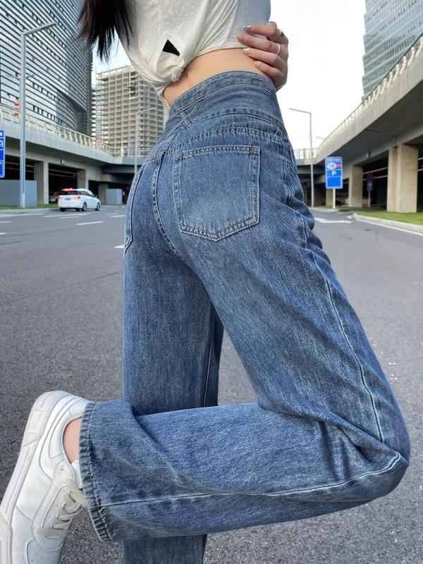 High Waist Straight Jeans Loose Fit Single Breasted Button Wide Legs Jeans