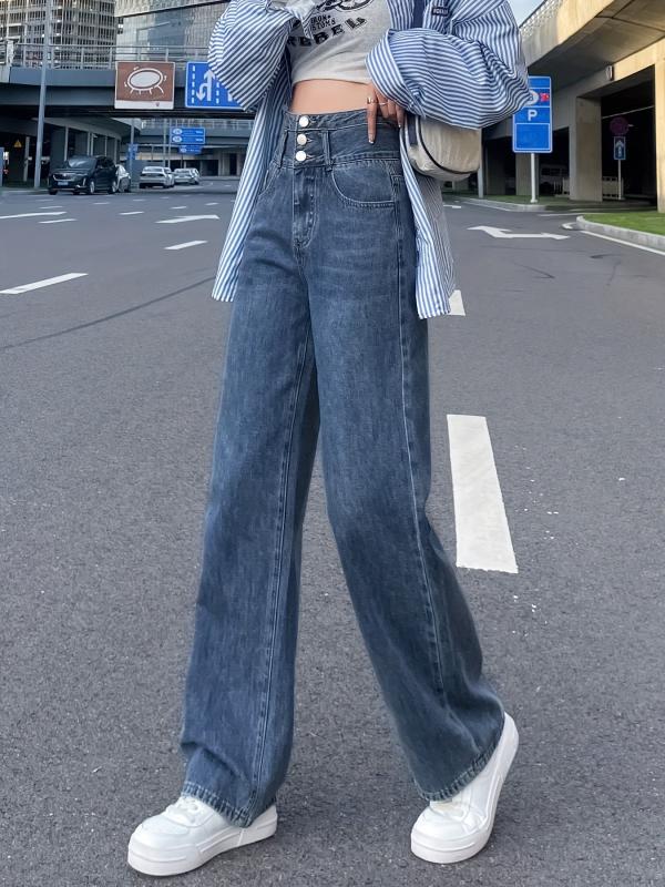 High Waist Straight Jeans Loose Fit Single Breasted Button Wide Legs Jeans