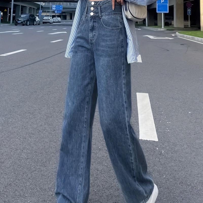 High Waist Straight Jeans Loose Fit Single Breasted Button Wide Legs Jeans
