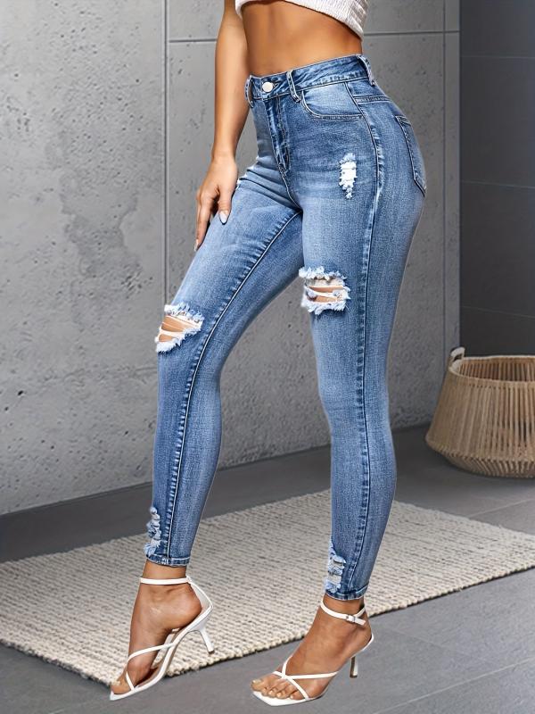 Ripped Holes Skinny Jeans Slim Fit High Stretch Distressed Denim Pants
