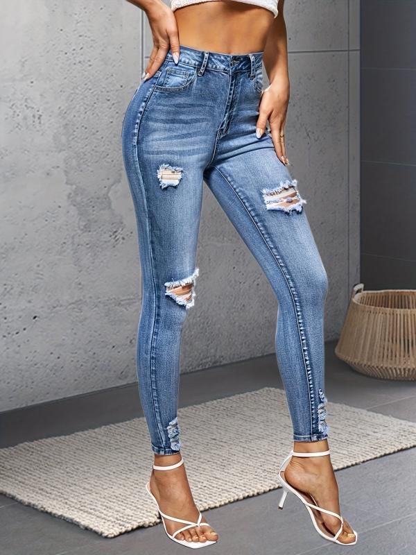 Ripped Holes Skinny Jeans Slim Fit High Stretch Distressed Denim Pants