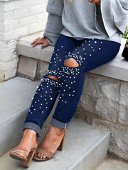 Studded Decor Skinny Jeans Ripped Holes Mid Stretch Tight Jeans