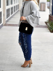 Studded Decor Skinny Jeans Ripped Holes Mid Stretch Tight Jeans