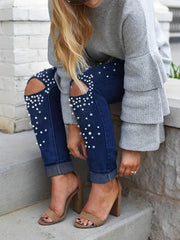 Studded Decor Skinny Jeans Ripped Holes Mid Stretch Tight Jeans