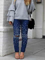 Studded Decor Skinny Jeans Ripped Holes Mid Stretch Tight Jeans