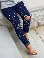 Studded Decor Skinny Jeans Ripped Holes Mid Stretch Tight Jeans