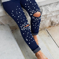 Studded Decor Skinny Jeans Ripped Holes Mid Stretch Tight Jeans
